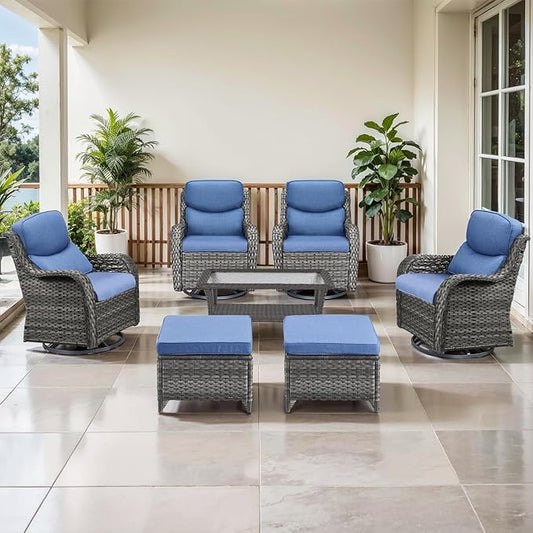 Outdoor Swivel Rocker Patio Chairs Set of 4 with Coffee Table - 5" Thick Cushion 7 Piece Furniture Set All Weather Comfortable Wicker Conversation Set for Porch Deck - Gray/Blue