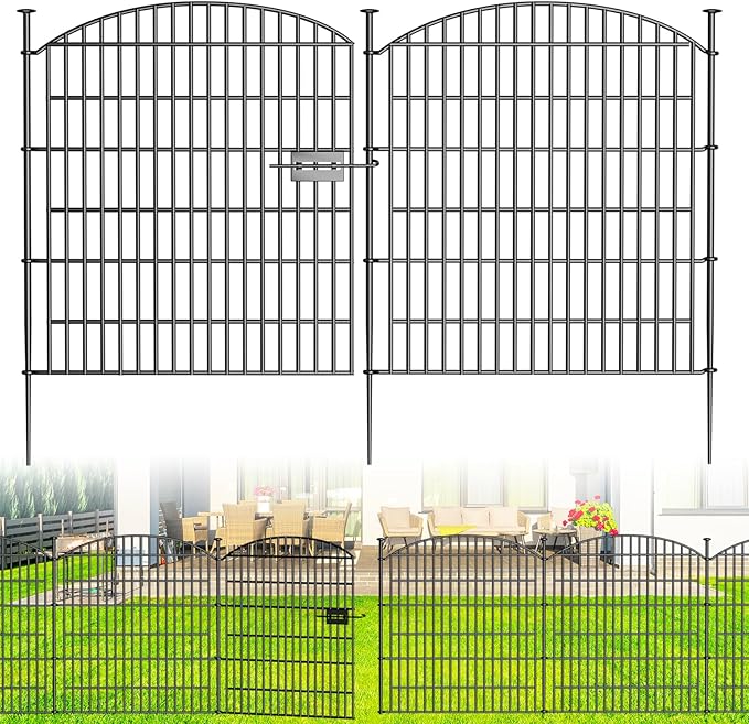 Decorative Garden Fence with Gate, 5 Panels - 32 in (H) x 11.8 ft (L) No Dig Dog Fence Outdoor for Yard, Rustproof Tall Garden Fencecing Panels, Animal Barrier Suitable for Yard Border, Patio