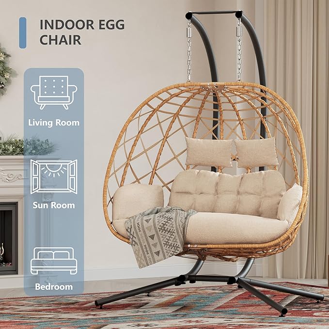 SWITTE Double Egg Swing Chair with Stand, 2 Person Outdoor Indoor Hammock Hanging Chair with Cushion for Patio Living Room 650 LBS Capacity-Beige