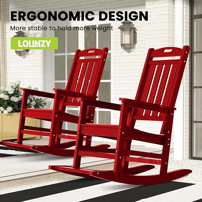 LOUNZY Outdoor Rocking Chair, HDPE Patio Rocking Chair with Footboard for Adults, All Weather Heavy Duty Front Porch Rocker, Dark Red
