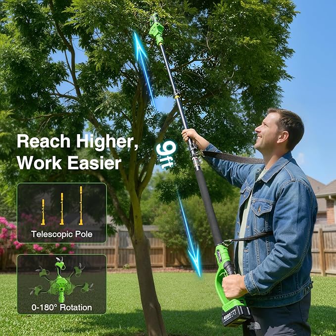 Electric Pruning Shears Cordless with Pole: 1.2" Cutting Diameter 2-in-1 Pole Pruners - 2 Pcs 4.0Ah Batteries, Brushless Motor, Extra SK5 Blade, 4 Cutting Modes Tree Pruner for Gardening