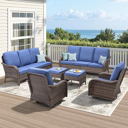 Wicker Outdoor Patio Furniture Set-6 Pieces All-Weather Wicker Outdoor Furniture with Swivel Rocking Chairs Set of 2 Patio Conversation Sets for Garden,Backyard,Deck Brown/Blue