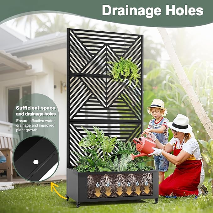 Metal Raised Garden Beds with Privacy Screen for Outdoor Plants, Planter Box with Trellis & Wheels, Flower Boxes with Drainage Holes (35" L×16" W×71" H, Black Zodiac)