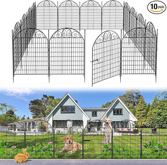 10 Panels Garden Fence with Gate for Yard, 40 in(H) X 24ft(L) No Dig Dogs Decorative Fence Outdoor Animal Barrier Fencing, Rustproof Metal Wire Patio Temporary Fences for Dogs Rabbits