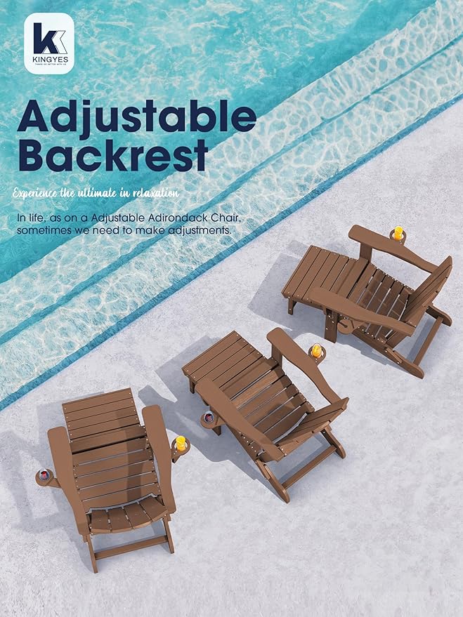 KINGYES Folding Adjustable Adirondack Chair with Ottoman & 2 Cup Holders, HDEP Reclining Adirondack Chair with Footrest, Brown