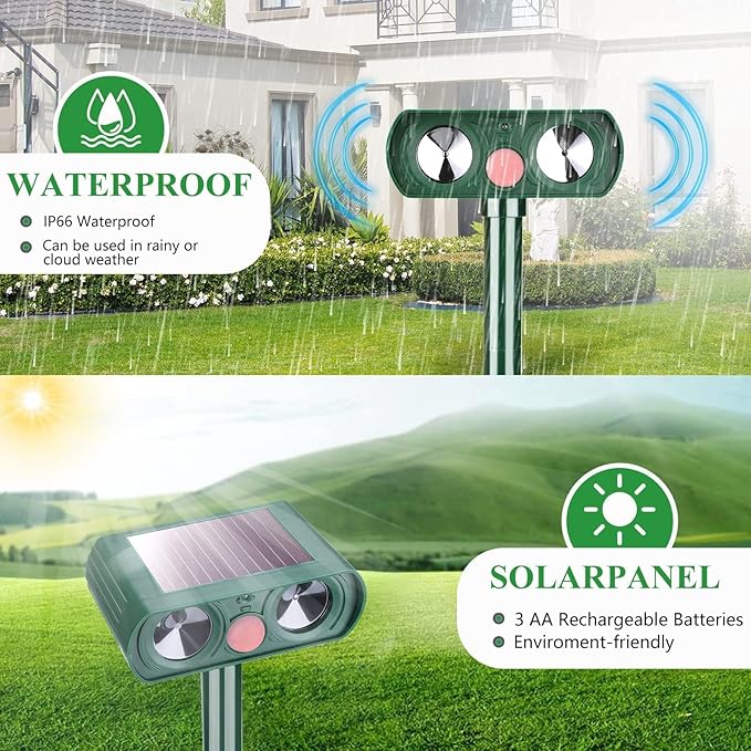 4 Pack Solar Ultrasonic Animal Repellent Outdoor Deer Repellent Devices Motion Detection Waterproof Cat Squirrel Skunk Raccoon Dog Deterrent Yard Farm Garden Patio