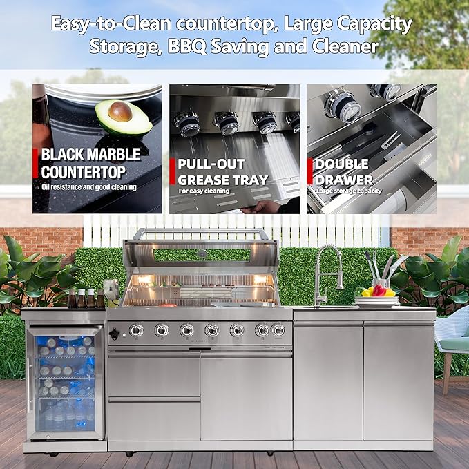 43.5-Inch 6-Burner 85000 BTU Deluxe Stainless Steel Gas Outdoor Kitchen Bar Barbecue Island Grill + Wine Cooler Compact Refrigerator + Rotisserie + Granite Countertops + Storage Cabinets & Drawers