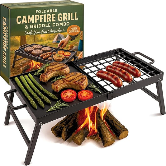 Carbon Steel Foldable Campfire Grill – Portable Grill Grate & Griddle with Large Non-Stick Surface, Sturdy Fold-Out Legs, Compact for Storage, Use Over Fire Pit