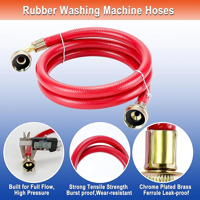 6 FT Washing Machine Hoses with 90 Degree Elbows Universial Rubber Washer Hose No-Lead Burst-proof Hot and Cold Water Supply Hoses for Washing Machine - 2 PACK by Fetechmate