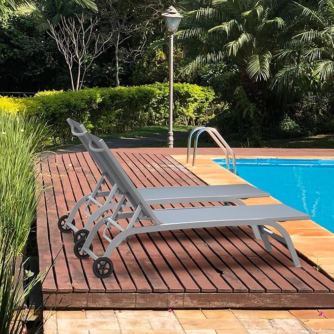 Domi Pool Lounge Chairs Set of 2, Adjustable Aluminum Outdoor Chaise Lounge with Wheels Patio Lounge Chairs, All Weather for Deck Lawn Poolside Backyard-Gray Textilene