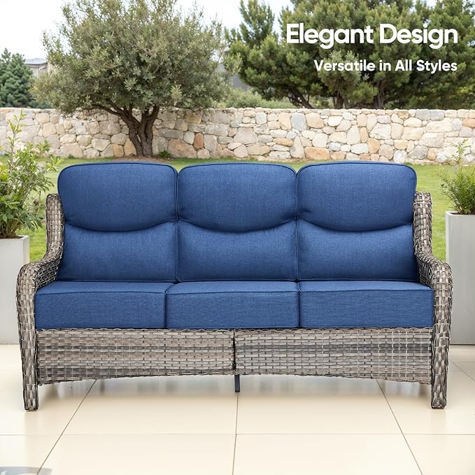 Swivel Patio Chairs sofa Set of 8 with 6" Thick Cushion - Wicker Outdoor Swivel Rocker Patio Chair ,Sofa/Glass coffee table, High Back Comfortable Outdoor Glider Chairs - Gery Wicker | Blue Cushions