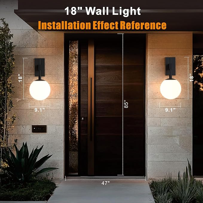 Hyunbae Outdoor Wall Sconce, 18.9" Large Size Wall Light, Exterior Light Fixtures Wall Mount for House, Globe Glass Front Porch Lights, Waterproof Outside Lighting Sconce Lamp with E26 Base