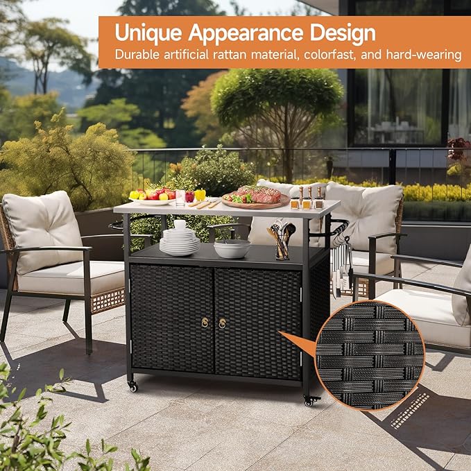 Outdoor Storage Cabinet, Rattan Patio Bar Tables with Wheels, Kitchen Island Cart with Stainless Steel Top for BBQ, Patio, Backyard