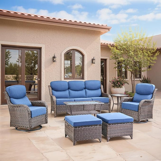 Swivel Patio Chairs sofa Set of 7 with 6" Thick Cushion - Wicker Outdoor Swivel Rocker Patio Chair ,Sofa/Glass coffee table, High Back Comfortable Outdoor Glider Chairs - Brown Wicker Blue Cushion