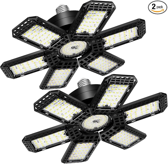 2 Pack Garage Light, 200W 20000LM 6500K LED Shop Lights, LED Garage Ceiling Lights with 6+1 Adjustable Panels for Basement, Barn, Warehouse, Attic Lighting Support E26/E27 Socket