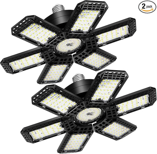 2 Pack Garage Light, 200W 20000LM 6500K LED Shop Lights, LED Garage Ceiling Lights with 6+1 Adjustable Panels for Basement, Barn, Warehouse, Attic Lighting Support E26/E27 Socket