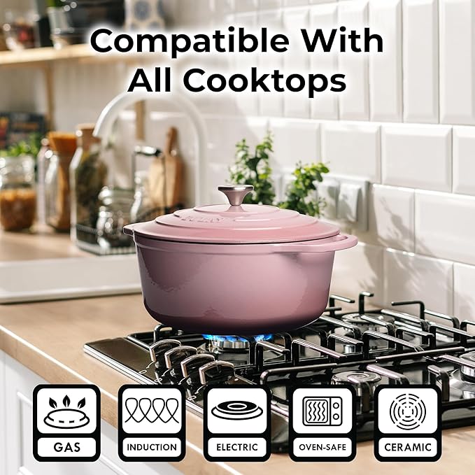 Zulay Kitchen 5 Quart Enameled Cast Iron Dutch Oven Pot with Lid – Premium Durability & Oven Safe up to 500°F – Heavy Duty Cookware Perfect for Bread Baking, Stews, Braising & Roasting – Pink