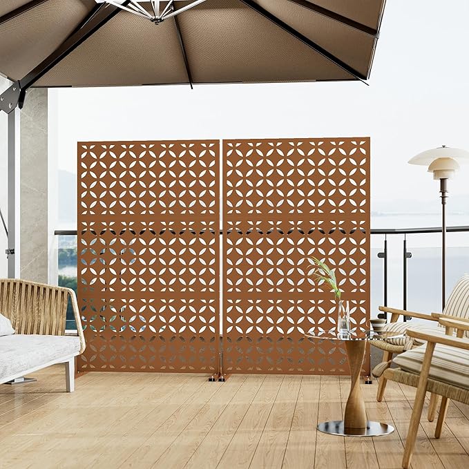 Heavy-Duty Outdoor Privacy Screen for Patio, Balcony, Backyard - 72" H * 44" W Metal Room Divider with Classic Clover Pattern, Anti-Tipping Kit, Weather Resistant, Easy Assembly (Browm-SYC)