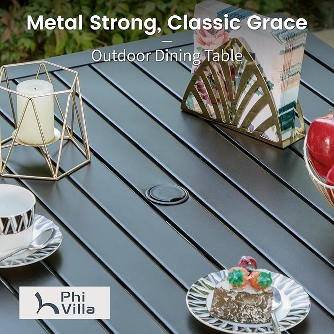 PHI VILLA 5 Piece Patio Dining Set with 10ft Umbrella, 37" Square Metal Dining Table & 4 Cushioned Rattan Chairs with Red Umbrella for Outdoor, Deck, Yard, Porch