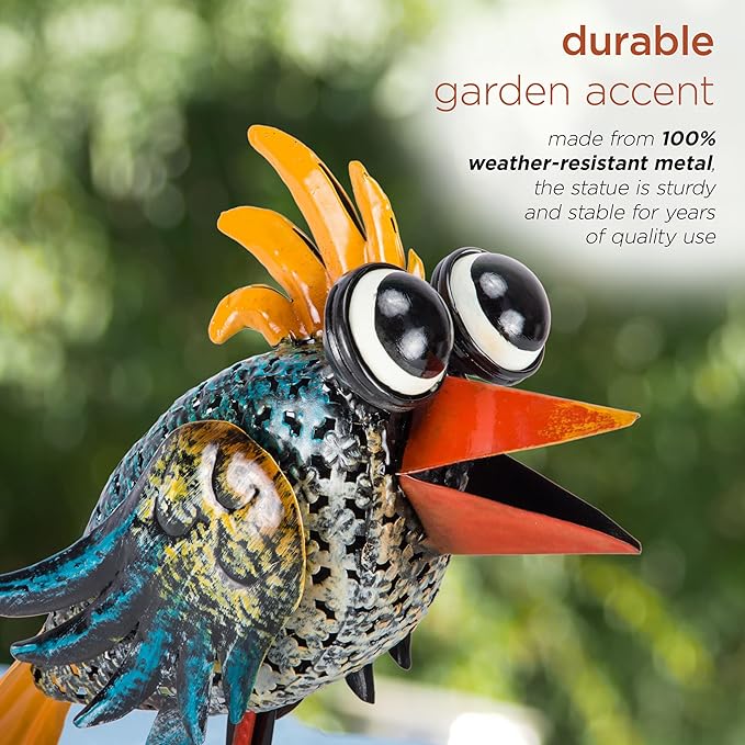 Alpine Corporation 11" Tall Outdoor Metal Wide-Eyed Bird Standing Yard Statue Decoration, Multicolor