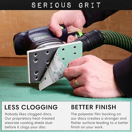 Serious Grit - 3" x 5" (80mm x 133mm) 14-Hole 220 Grit Sanding Sheets - Fits Festool RTS 400 & Mirka Deos 353 - Heavy-Duty Hook & Loop Film Abrasives - Sandpaper for Sheet Sanders - 50 Pack Box