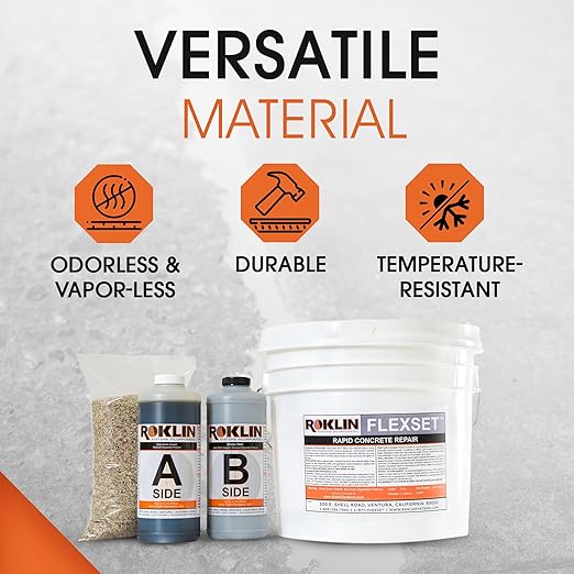 Roklin Systems Inc. FlexSet Rapid Concrete Repair Kit - Self-Leveling Epoxy Cement for Driveways, Foundations, Large Cracks, and Outdoor Repairs - Gray (3 Gallon)