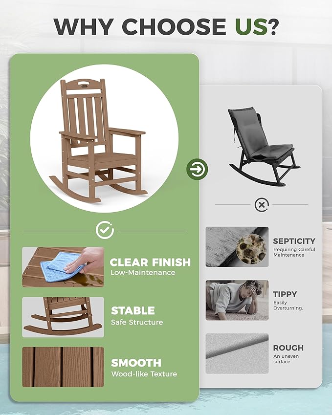 Oversized Outdoor Rocking Chair Set of 4, High Back Porch Rocker Chair, HDPE All Weather Resistant Rocking Chairs for Patio, 386lbs Weight Capacity, Teak