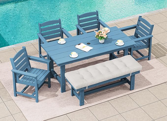 SERWALL Outdoor Dining Set for 6, HDPE Outdoor Furniture with Umbrella Hole & 1 Cushioned Bench & 4 Outdoor Dining Chairs, Blue