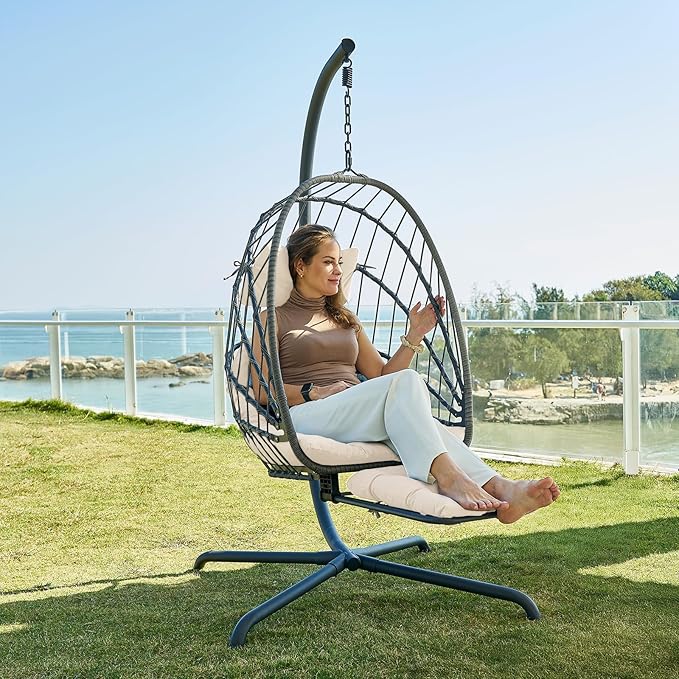 Hanging Egg Chair with Leg Rest and Stand – Rattan Wicker Swing Hammock Chair, UV-Resistant Cushion, Heavy-Duty Frame for Indoor & Outdoor Patio, Bedroom, Balcony, Garden – 330 lbs Capacity(Beige)