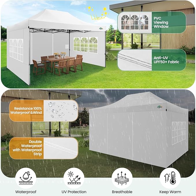 COBIZI 10x15 Pop up Canopy Gazebo 3.0, Easy up Heavy Duty Canopy with 4 Removable Sidewalls, High Stability, All Weather Sunshade 100% Waterproof Outdoor Canopy Tents, White