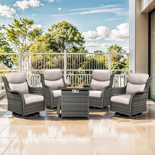 Outdoor Swivel Rocker Patio Chairs Set of 4 with Fire Table - 5" Thick Cushion 5 Piece Furniture Set with Fire Pit Table All Weather Wicker Conversation Set for Porch Deck - Gray/Beige