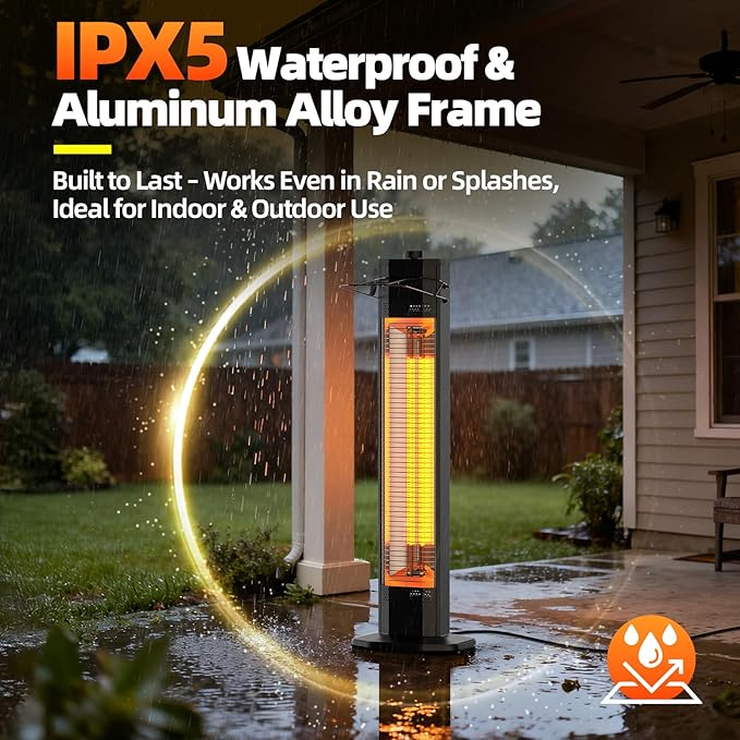 Outdoor Electric Patio Heater, Haimmy 34- inch Outdoor Electric Patio Heater, 1500W Instant Heating, 3 Heat Levels, Tip-Over & Overheat Protection, IPX5 Waterproof Tower Space Heater