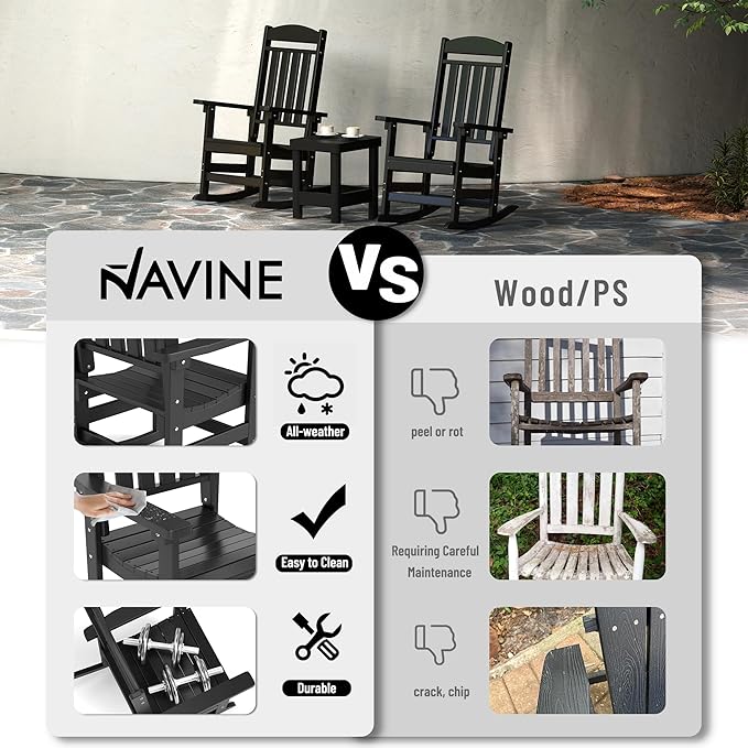 Outdoor Rocking Chairs Set of 6, Oversized High Back Patio Rocking Chairs, All Weather Porch Rocking Chairs for Outside. Black