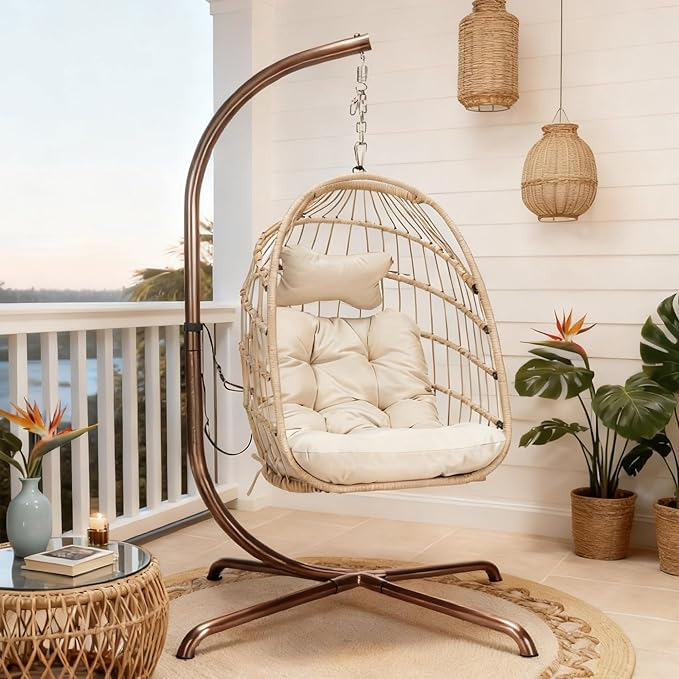 RADIATA Royal Craft Hanging Egg Chair with Stand, All-Weather Wicker Swing Chair with Dome Design and Cushion, 350Lbs Indoor Outdoor Hammock Basket Seat for Bedroom Balcony Patio Porch, Beige