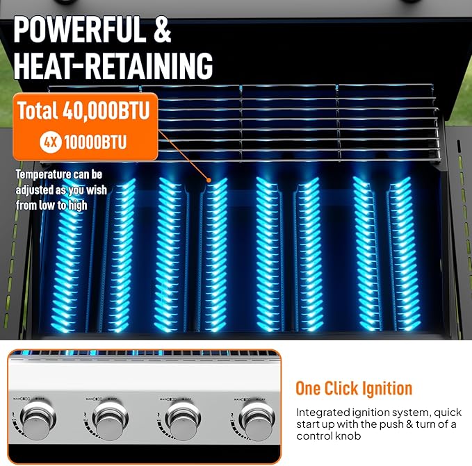 ROVSUN 4 Burner Propane Gas Grill with Foldable Side Shelves, 40000BTU BBQ Grills with Enameled Cast Iron Grates, Cabinet & Poratable Rolling Wheels for Outdoor Garden Patio Backyard Barbecue Cooking