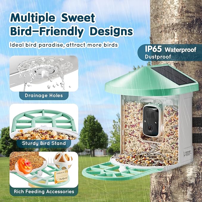 VEVOR Smart Bird Feeder with Camera, Solar Powered Bird House Camera with 2 Solar Panels, Wireless Video Birdfeeder with AI Identify, Auto Detect & Notify and 2K Full HD, Ideal Gift for Bird Lover