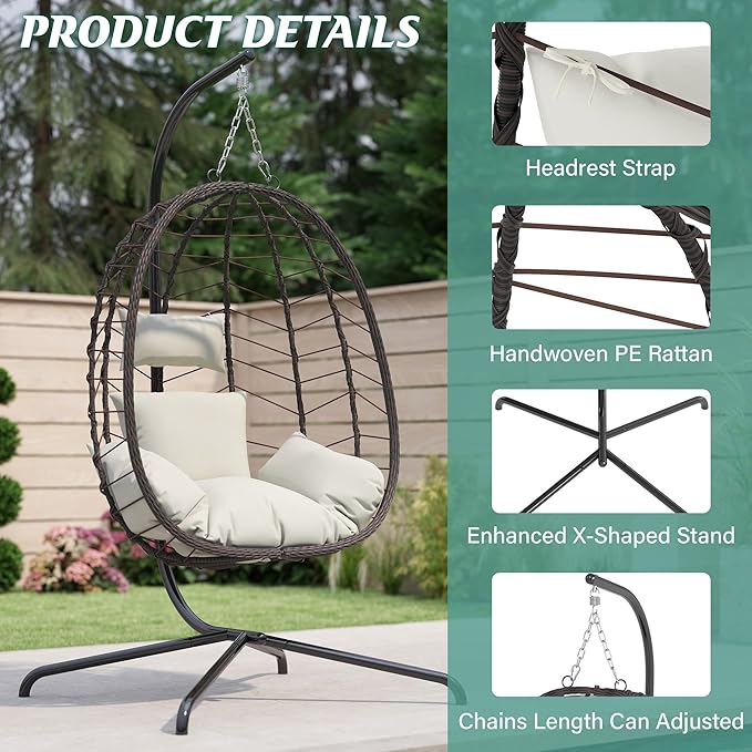 Hanging Egg Chair with Stand, Swinging Egg Chair Outdoor Indoor, Hanging Basket Chair with Cushion, Patio Wicker Hammock Chair 350lbs Capacity for Bedroom, Porch, Balcony, Backyard, Garden (Beige)