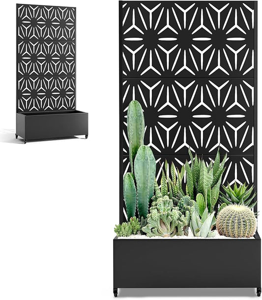 Metal Standing Planter Box with Trellis & Wheels, Raised Bed with Privacy Screen for Garden, 35"L Outdoor Garden Boxes with Drainage Holes for Climbing Plants, Flowers, Vines (Black Star)