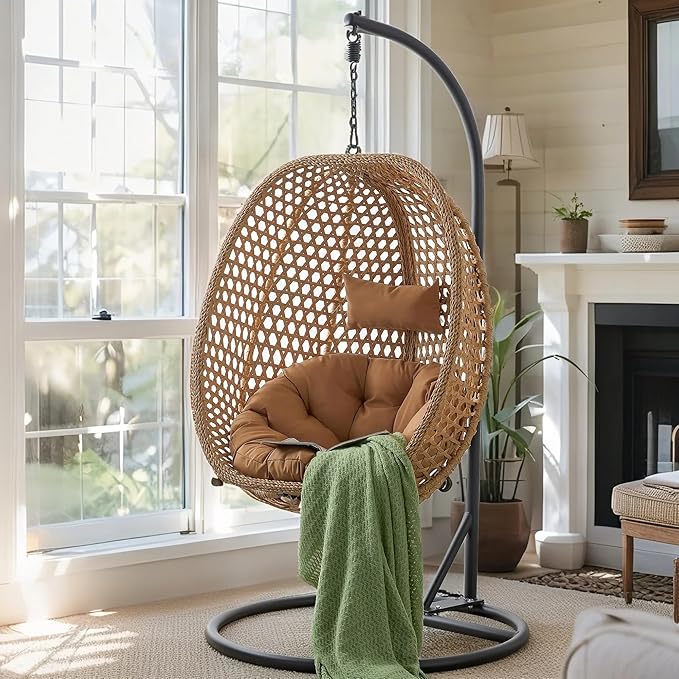 Egg Swing Chair Outdoor with Stand, Hanging Egg Rattan Basket Chair with Cushion and Pillow, Lounge Chairs, Foldable Basket and Metal Stand for Porch, Patio, Bedroom, Balcony,Yard (Khaki)