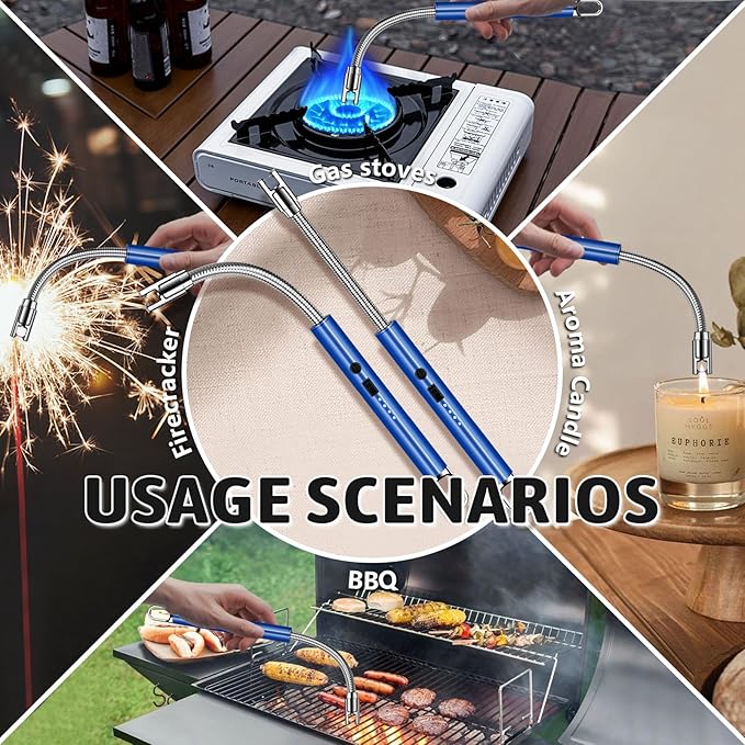 2 PCS Electric Lighter, Candle Lighter Arc Windproof Flame-Less with 360° Flexible Neck & LED Power Display, Type-C Rechargeable for BBQ, Grill, Camping, Fireplace, Stove