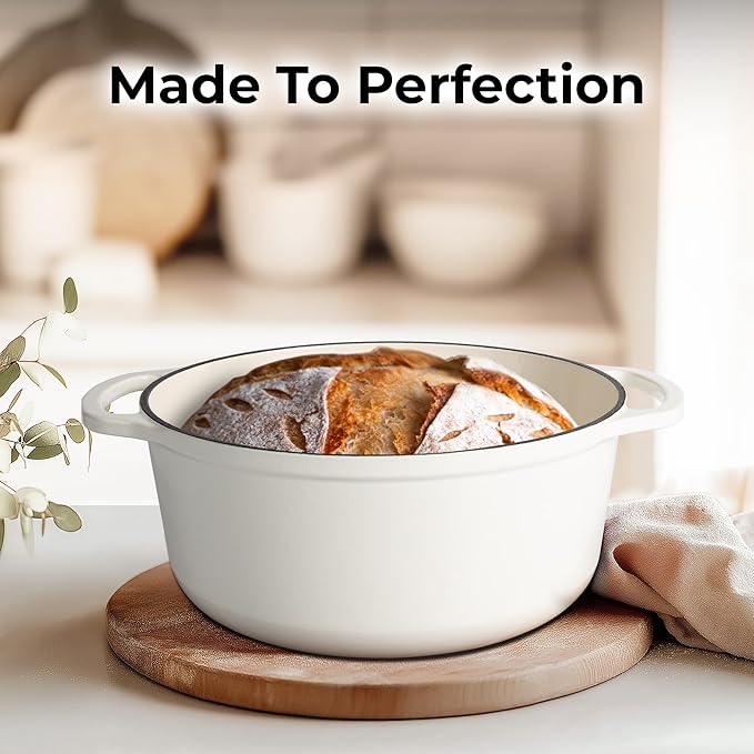 Zulay Kitchen 7.7 Quart Enameled Cast Iron Dutch Oven Pot with Lid – Premium Durability & Oven Safe up to 500°F – Heavy Duty Cookware Perfect for Bread Baking, Stews, Braising & Roasting – White