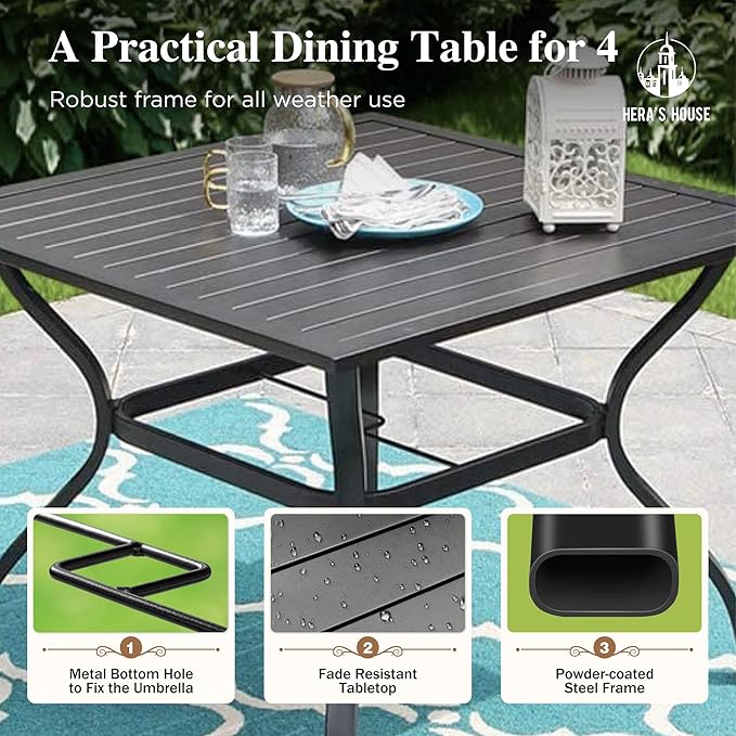 HERA'S HOUSE 5 Pieces Patio Dining Set, Outdoor Dining Set for 4, 4 x All Weather Testilene Padded Dining Chair, 37" Square Metal Dining Table, for Lawn Garden Backyard Deck