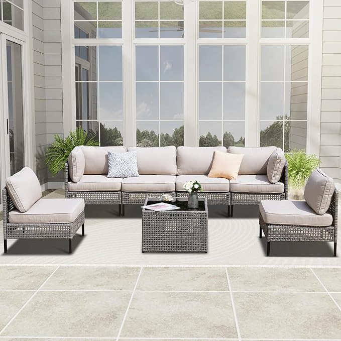 7-Piece Outdoor Wicker Sectional Set with 2 Armchairs, 4 Armless Chairs and Glass Table, Modular PE Rattan Sofa with Beige Cushions for Patio, Deck, Garden, Porch