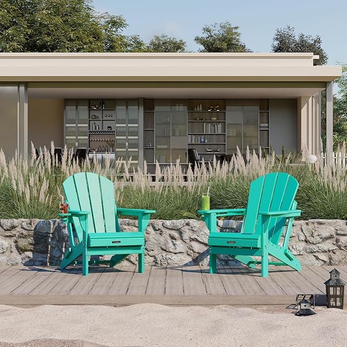 Ciokea Folding Adirondack Chair 6 Pack, Patio Adirondack Chair Weather Resistant, Plastic Fire Pit Chair with Cup Holder, Lawn Chair for Outdoor Porch Garden Backyard Deck (Lake Blue)