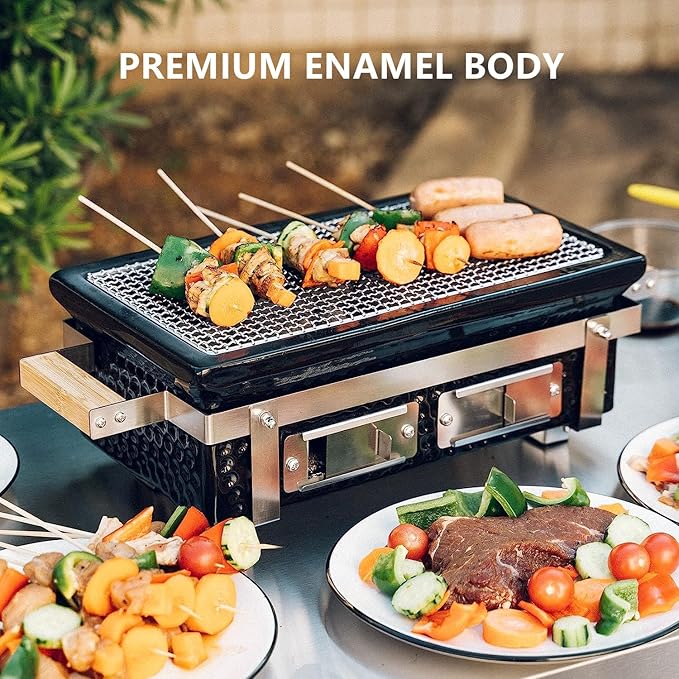 Charcoal BBQ Hibachi Grill with Grid Lifter, Portable Yakitori Grill with Stainless Steel Grate, Barbecue Stove for Outdoor Camping Picnic Patio Backyard Cooking, GS306