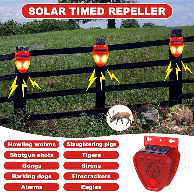 Qualirey 6 Pcs Night Solar Outdoor Motion Sensor Alarm, Nocturnal Animal Repeller Outdoor, 130dB Sound Alarm Siren, Loud Noisemaker 3 Modes for Deer Raccoon Chicken Coop Home Yard Farm Garden