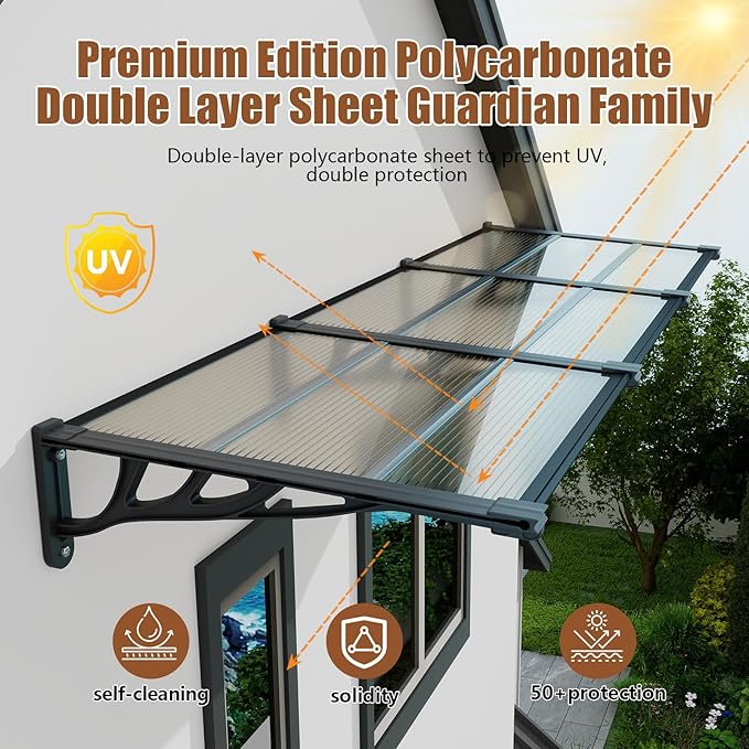 Door Awning Window Canopy, Modular Spliced Awnings for Outside,Porch,Patio,Deck,Polycarbonate Sheet,UV, Rain, and Snow Protection (Brown Board & Black Bracket, 35'’*120'’)