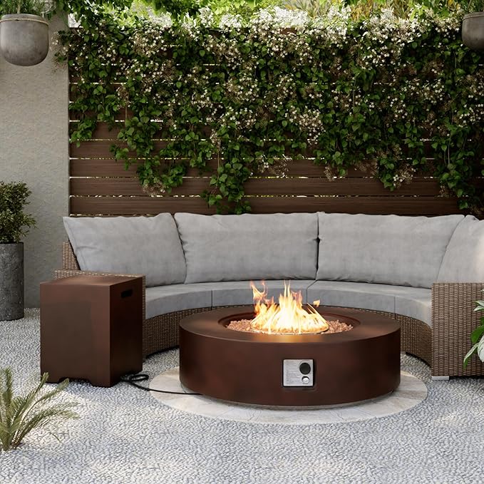 SUNBURY Outdoor 42 Inch Propane Fire Pit Table,Dark Brown Patio Fire Table 50,000 BTU w 20 lbs Tank Cover, Waterproof Cover, Free Lava Rocks