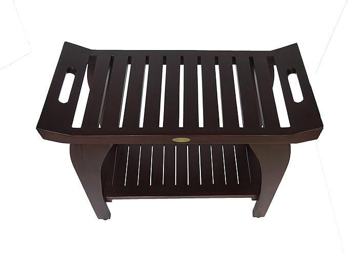 DecoTeak Tranquility 30 Inch Extended Height Brown Waterproof Teak Wood Shower Bench Stool Seat Chair for Inside Shower Storage Shelf Provides Safety Storage and Organization for Bathroom Accessories