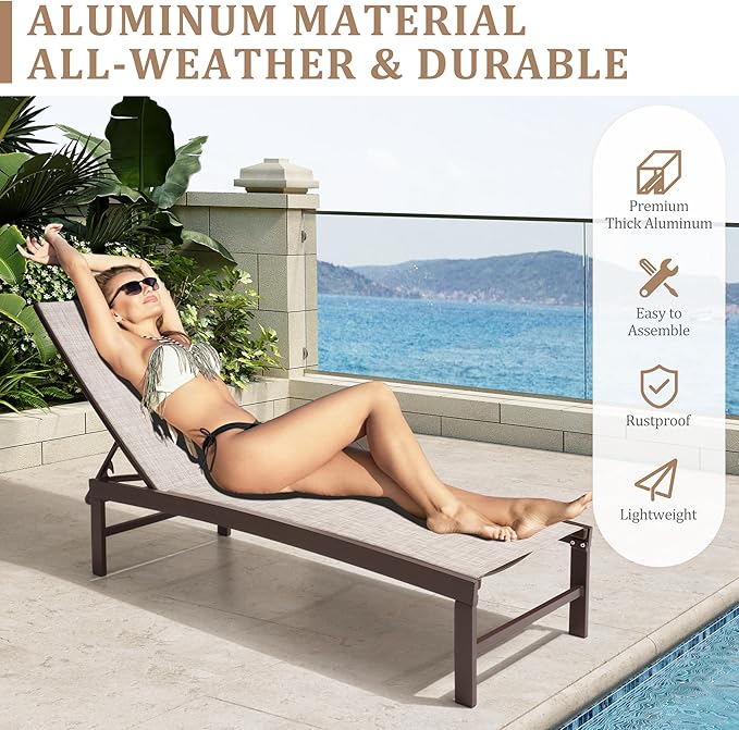 Patio Aluminum Chaise Lounge Chair, Outdoor Recliner Lounge Chair Sun Loungers, All Weather Chaise with 5 Adjustable Backrest and Lay Flat Positions for Garden, Balcony, Pool